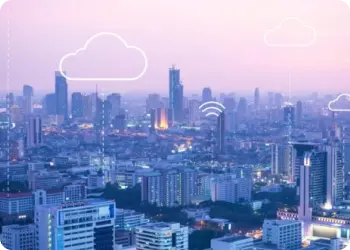 City skyline with digital cloud and network icons, representing harmful content detection solutions